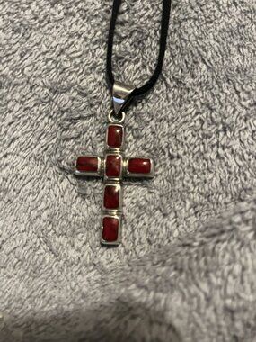 Red Jasper Cross Pendant Necklace ATI 925 Mexico Sterling Silver 16"